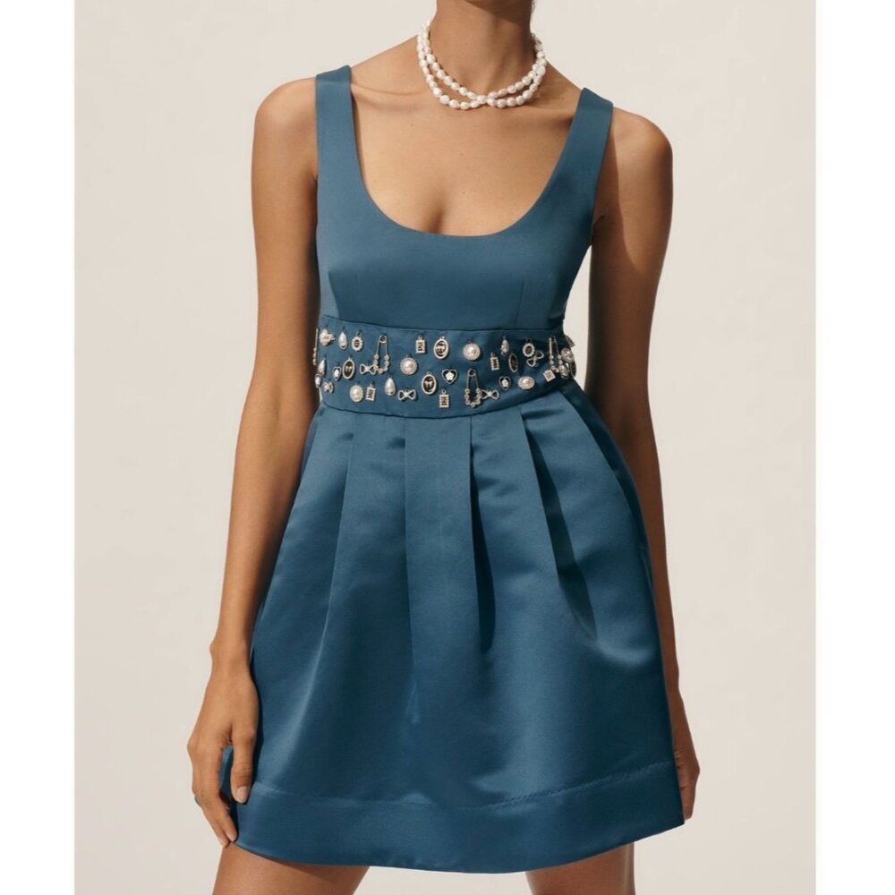 Maeve Anthropologie Satin Belted Charm Mini Dress Size M Midnight Sail